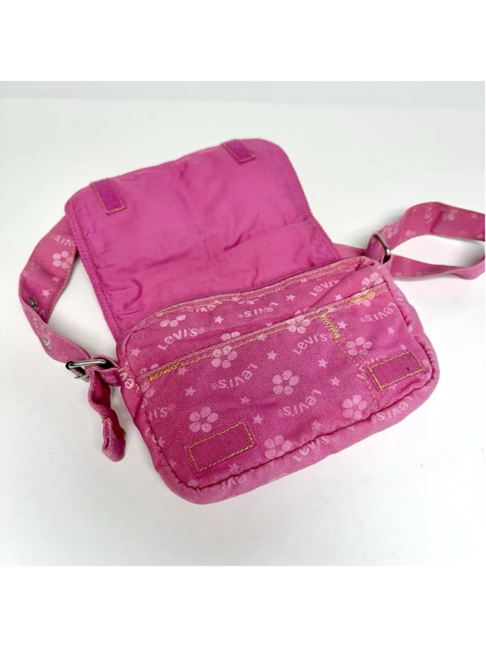 Vintage Levis Pink Denim Utility Shoulder Bag Y2K Cargo Purse Floral Print